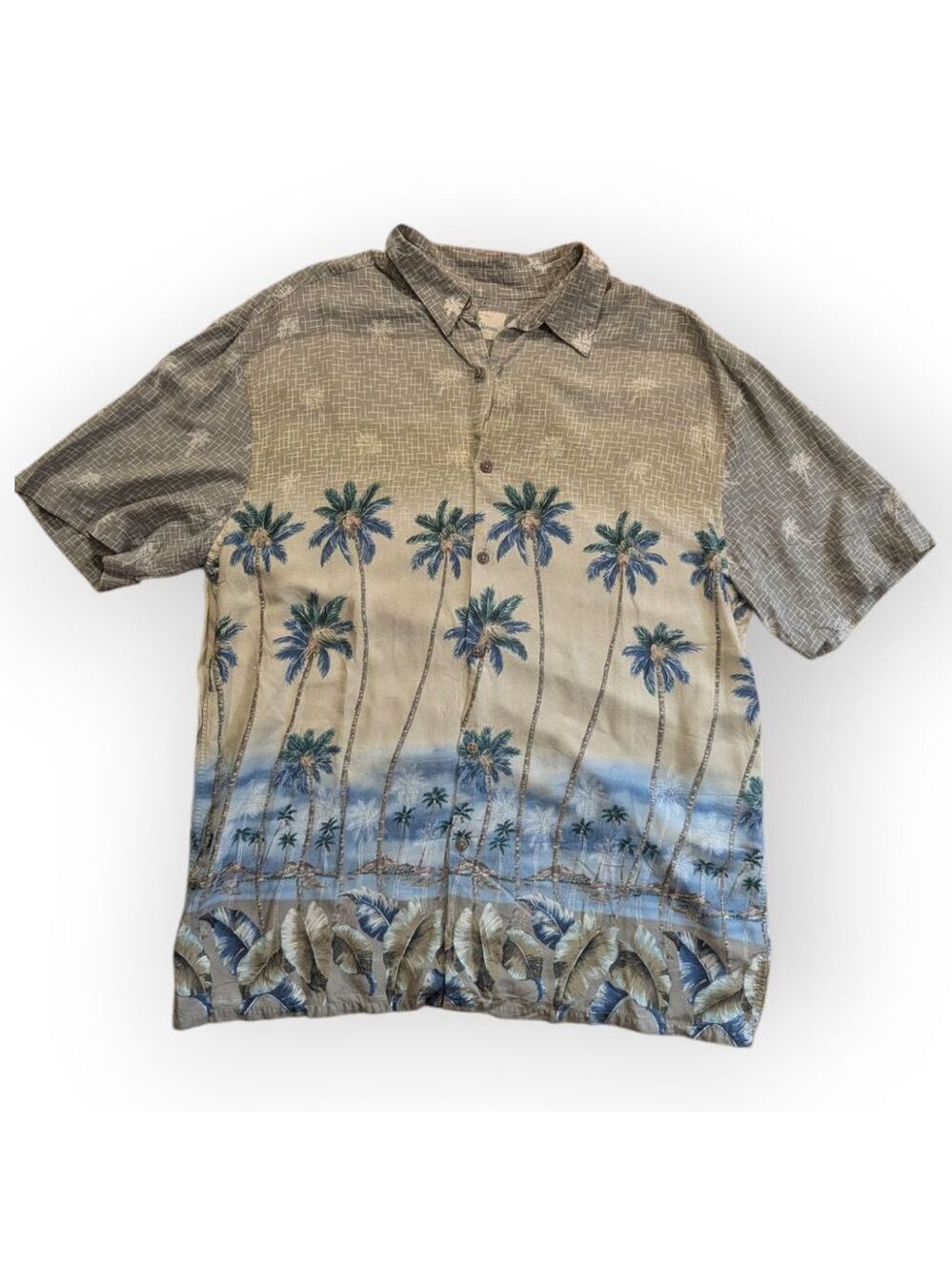 Island Shores Hawaiian Shirt Large Beige Gray Palm Tree Rayon